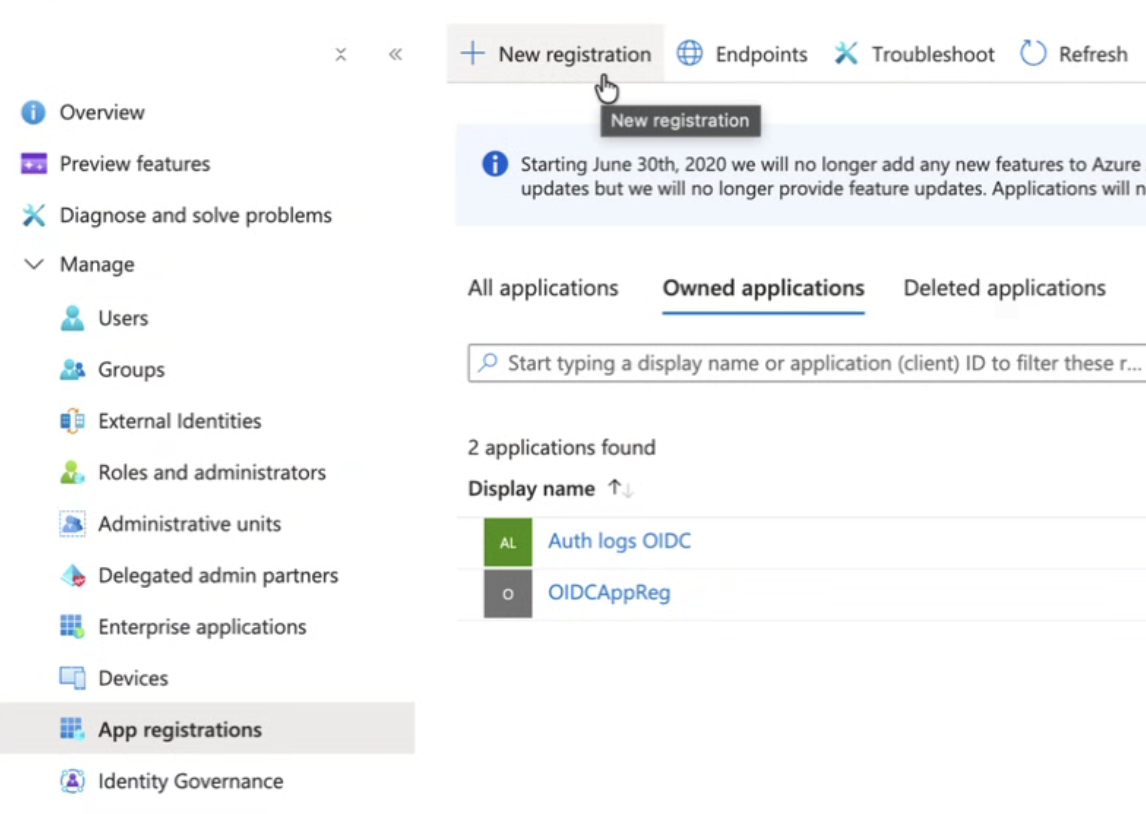 Microsoft Entra ID App registrations page with New registration button