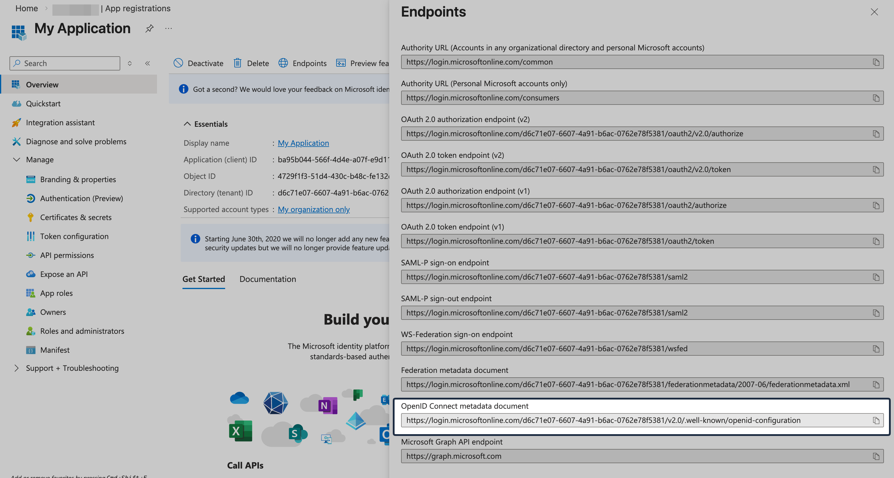 Application Endpoints dialog showing OpenID Connect metadata document URL