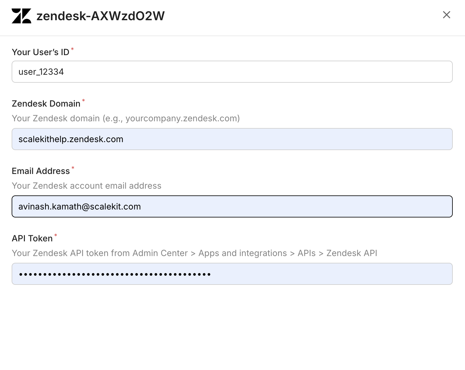 Add connected account form for Zendesk in Scalekit dashboard