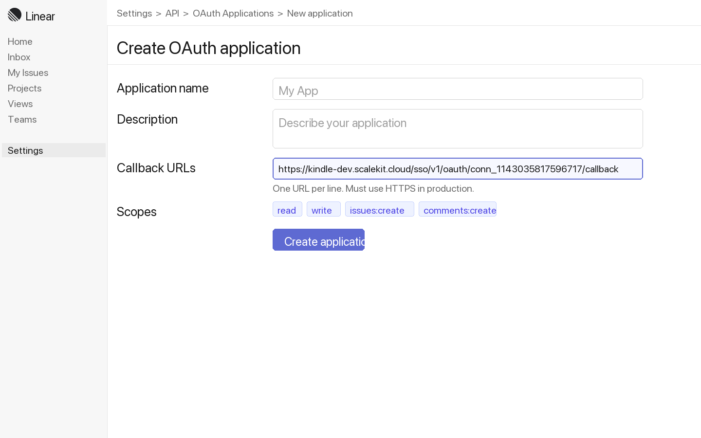 Create OAuth application in Linear