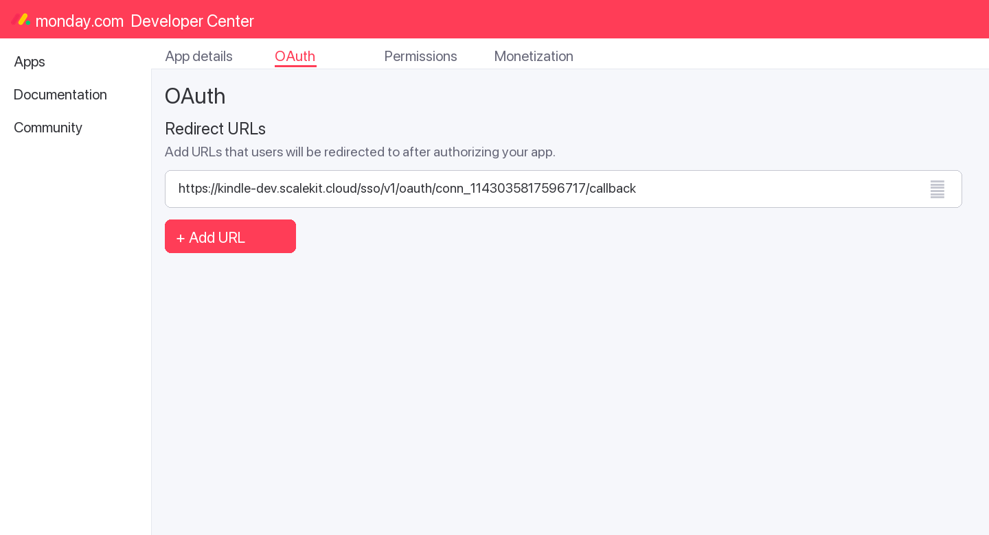 Add redirect URL in Monday.com Developer Center