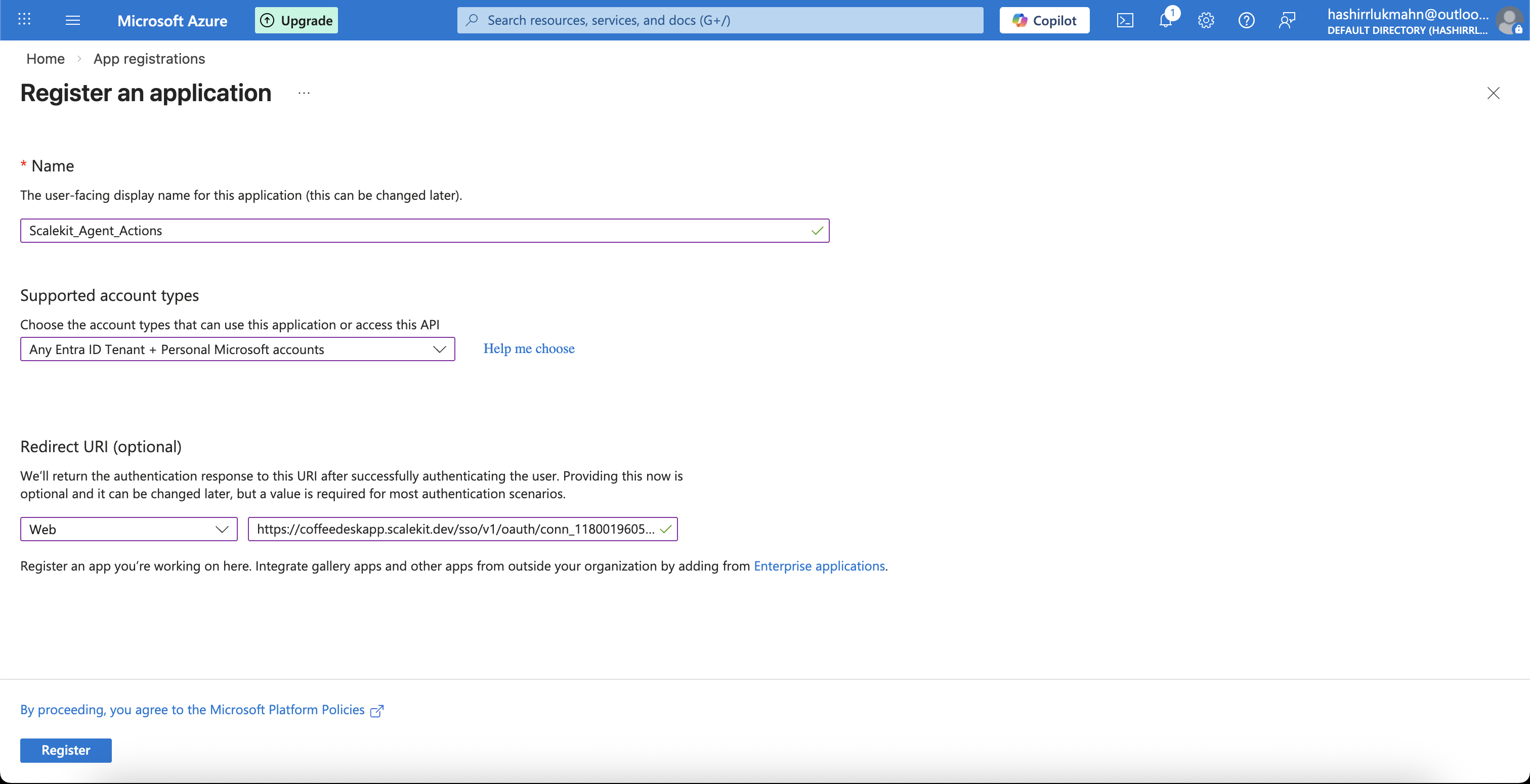 Register an application with the Scalekit redirect URI in Azure