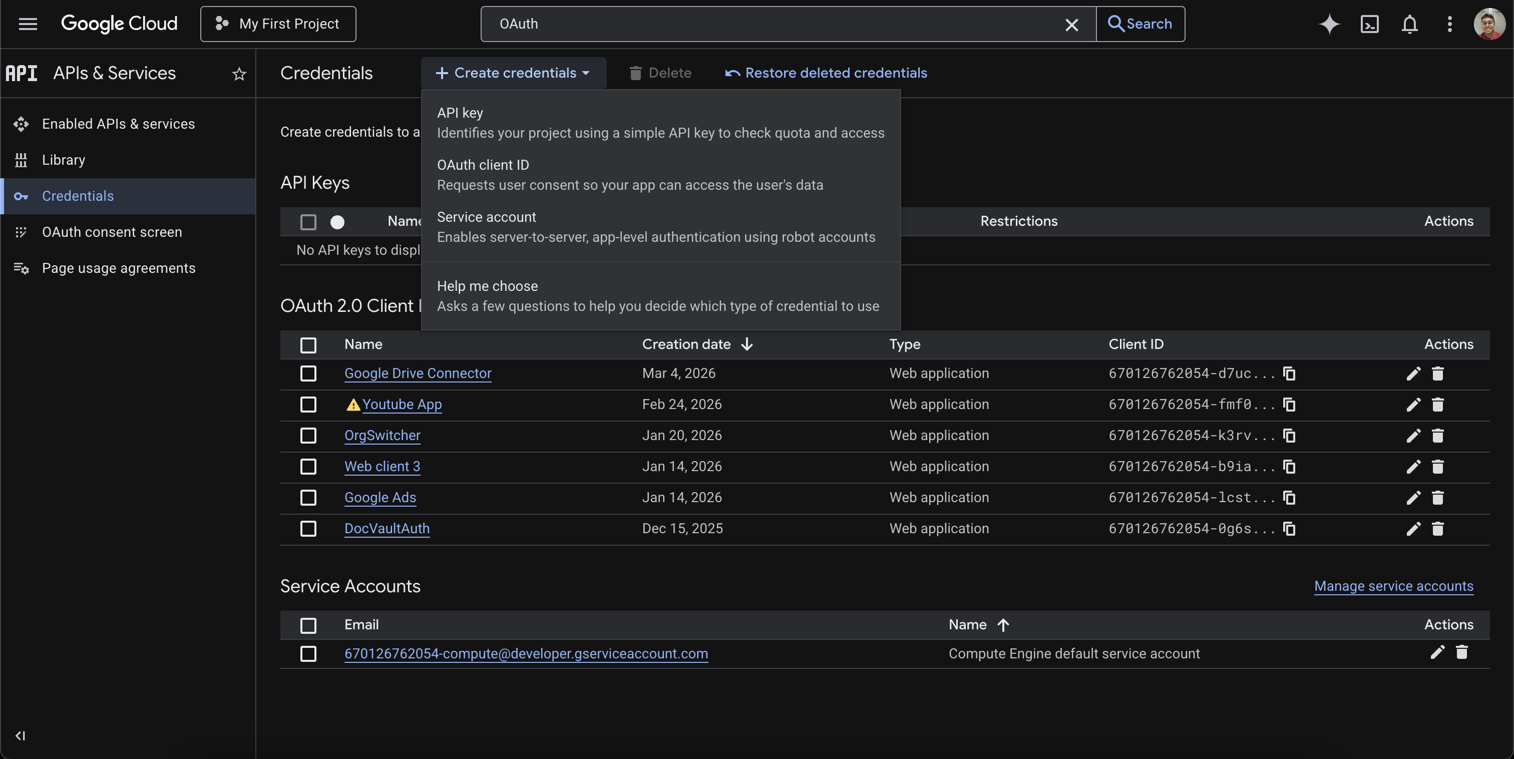 Create credentials dropdown with OAuth client ID option