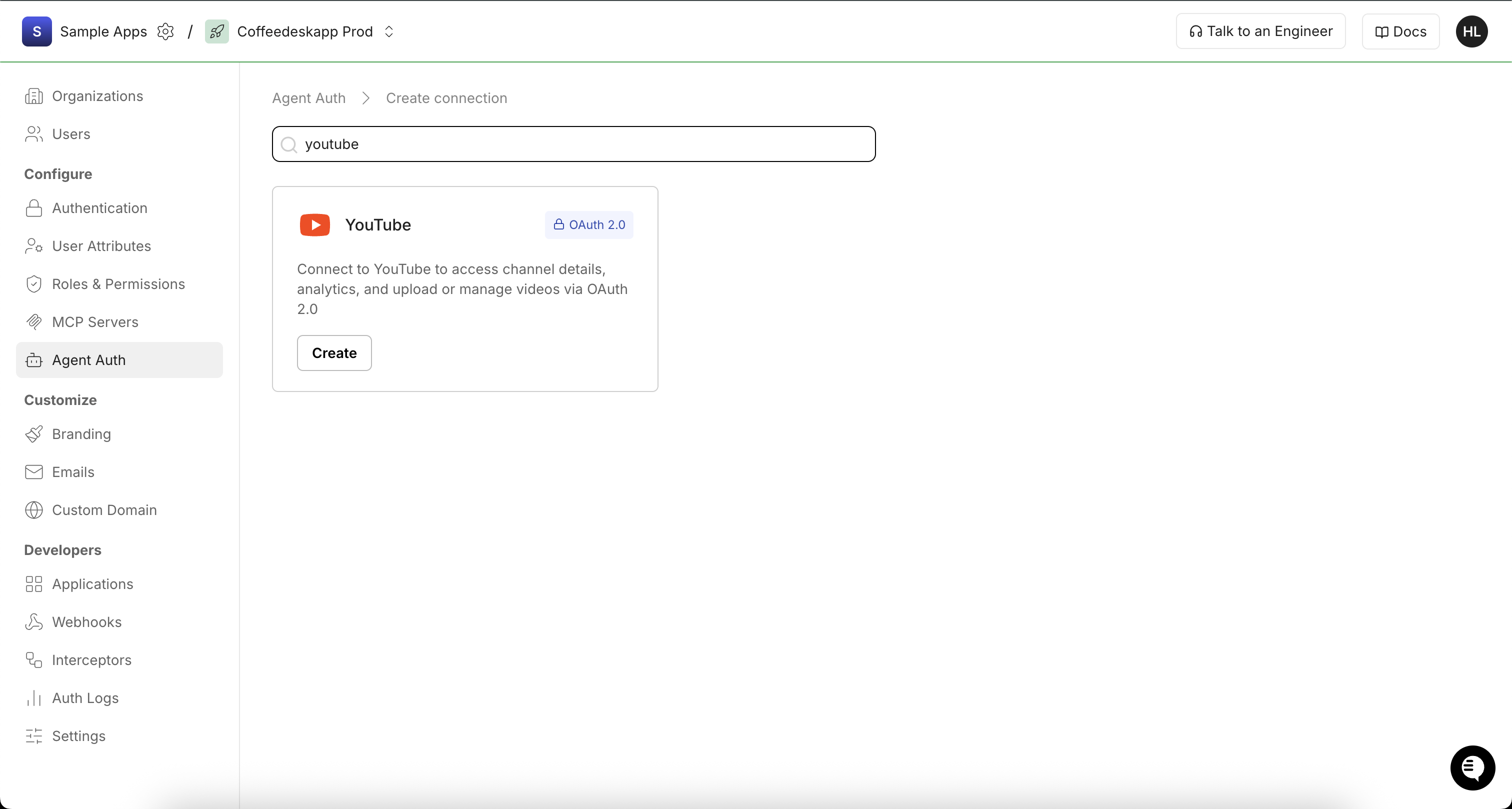 Searching for YouTube in Scalekit Create Connection
